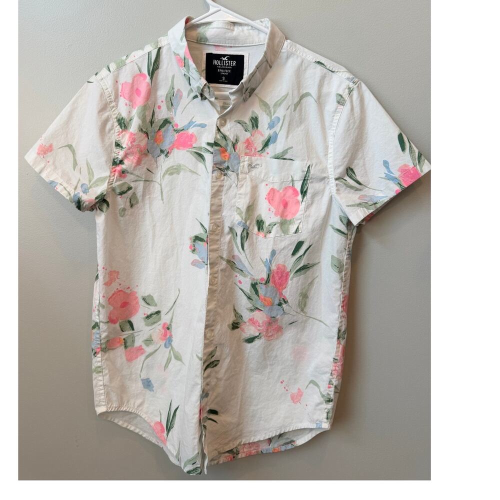 Hollister Men's Floral Button Down Short Sleeve Cotton Shirt White Pink Size S